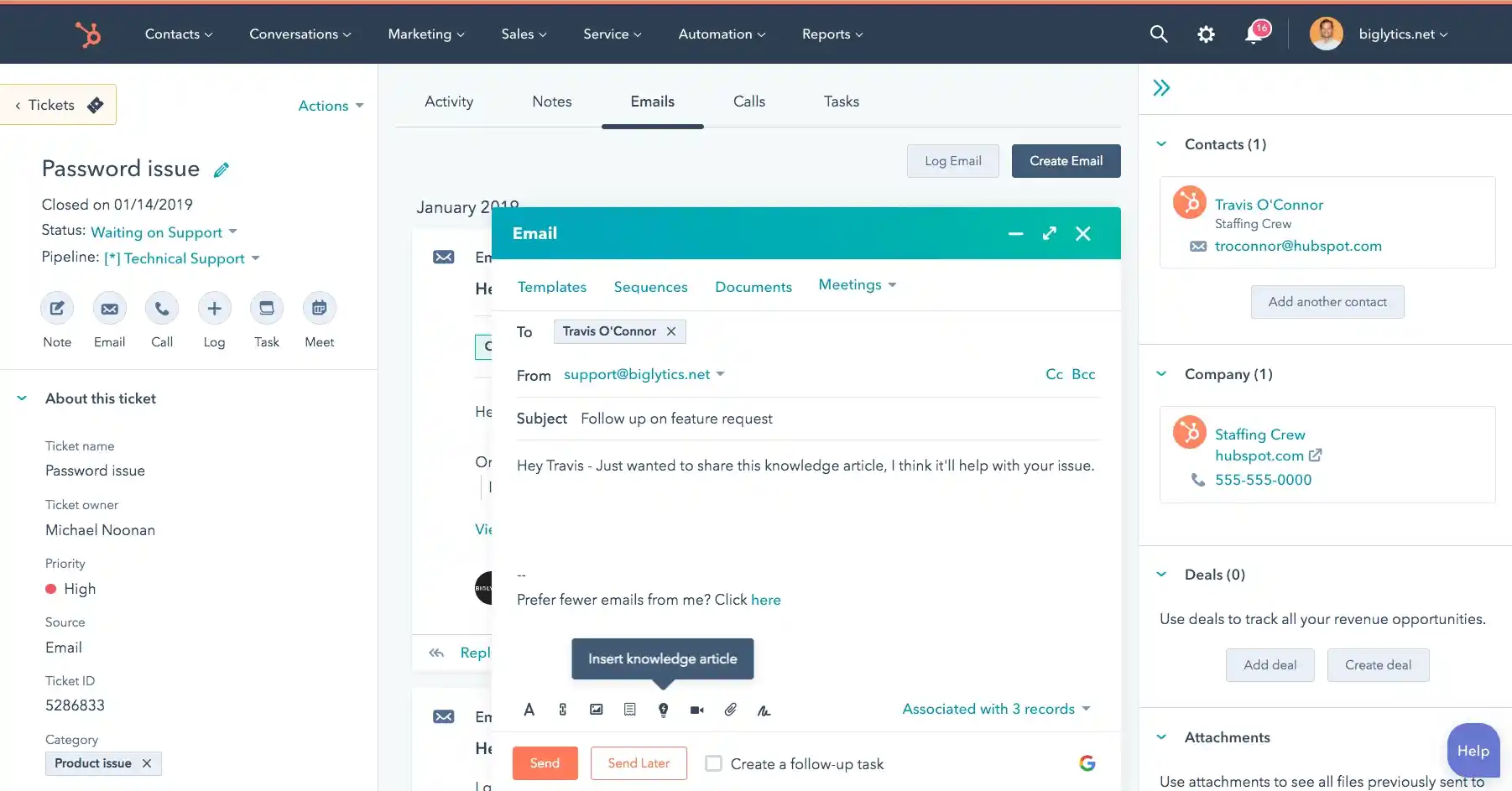 hubspot service hub manages support tickets