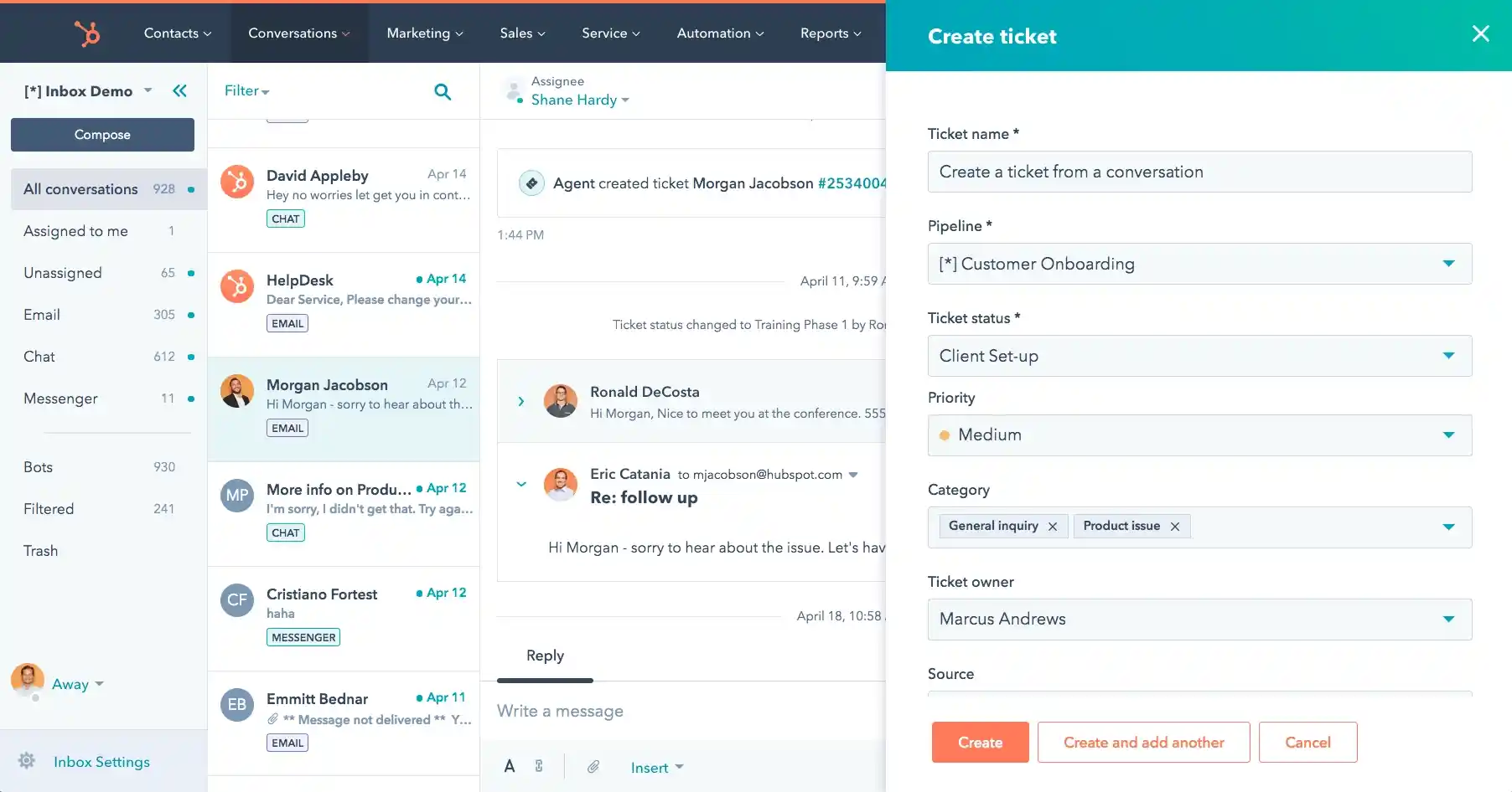 hubspot conversation inbox create ticket from email