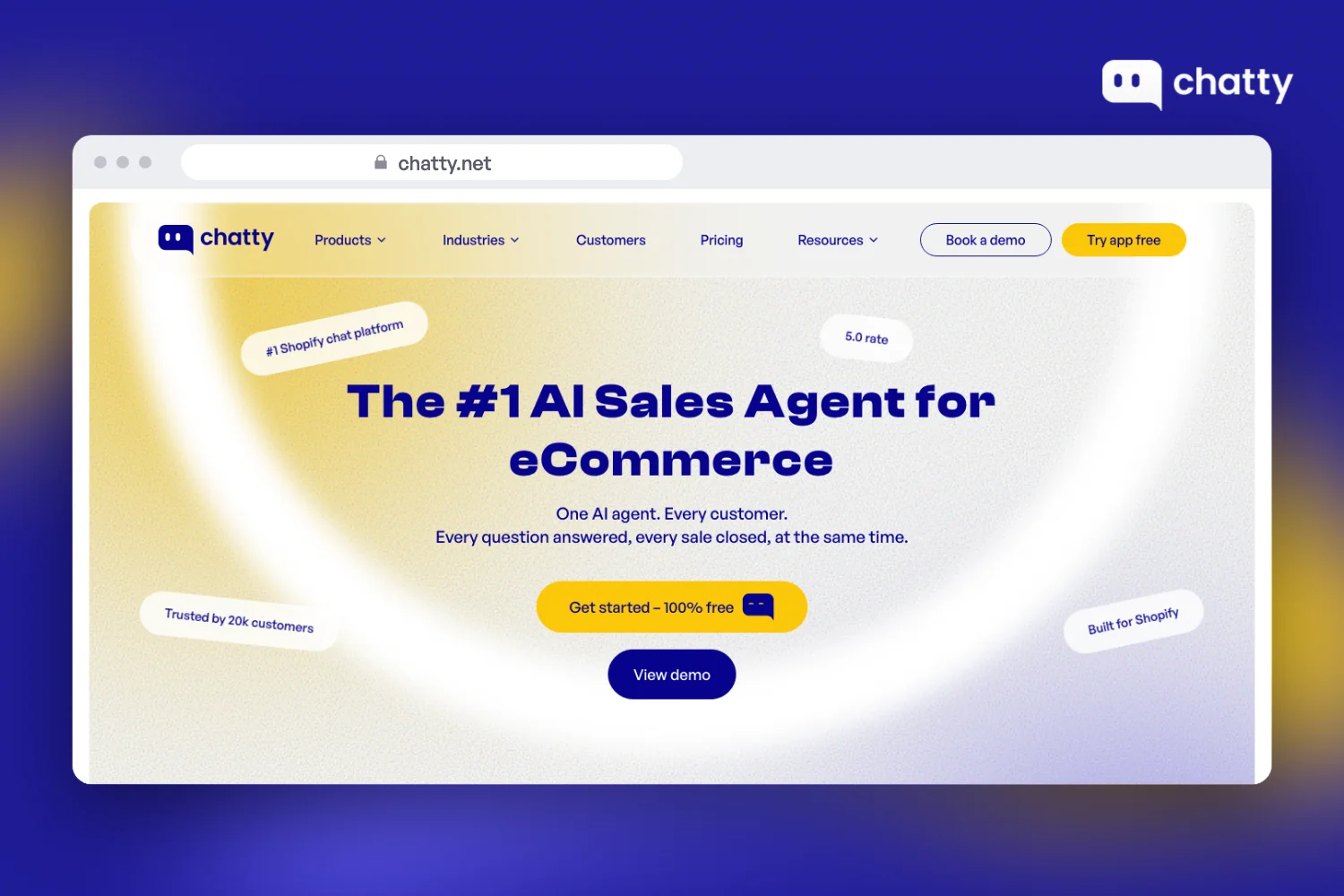 Homepage of Chatty at chatty.net, an AI sales agent for Shopify stores