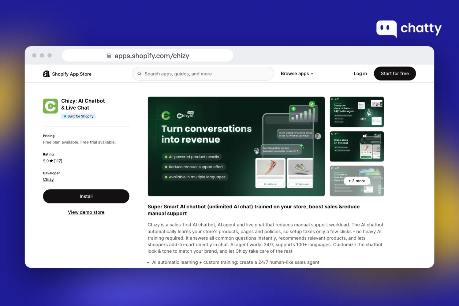 Shopify App Store listing for Chizy, an AI chatbot and live chat app launched in 2025